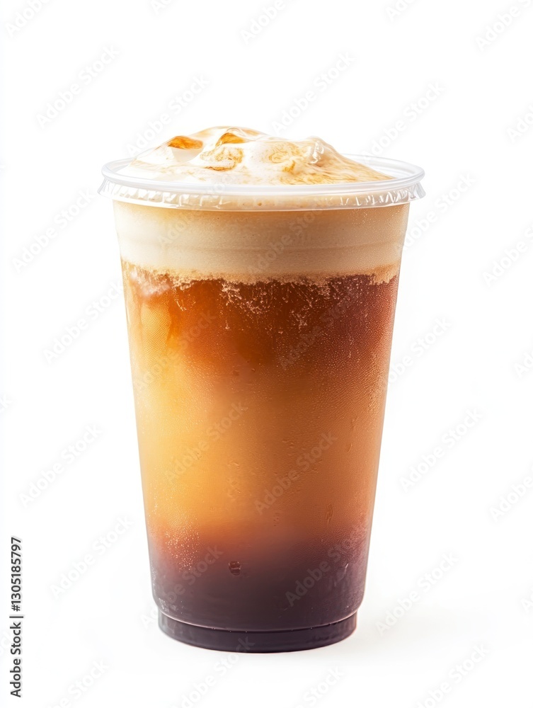 Iced Coffee Drink with Foam in Clear Plastic Cup on White Iced Coffee Drink with Foam in Clear Plastic Cup on White