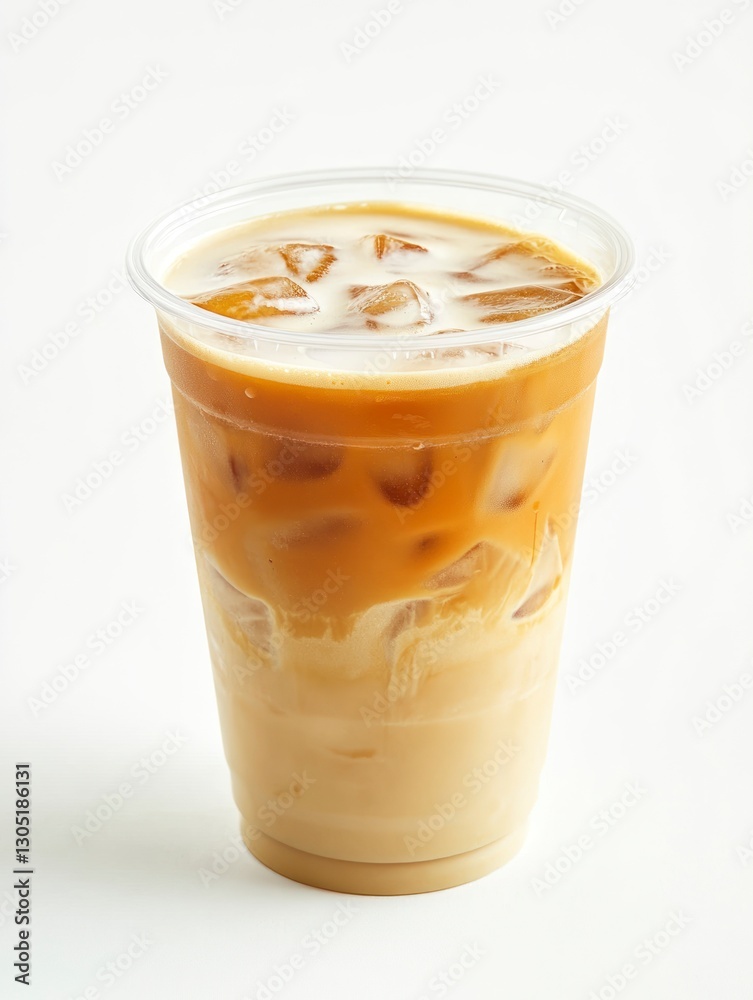 Iced Coffee Drink with Milk in Clear Plastic Cup on White Iced Coffee Drink with Milk in Clear Plastic Cup on White
