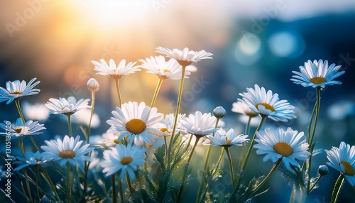 daisies in sunlight with blue tone art image selective focus