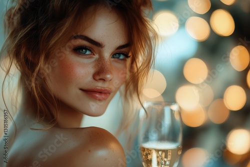 Smiling Woman in Cozy Sweater With Festive Background During Holiday Season