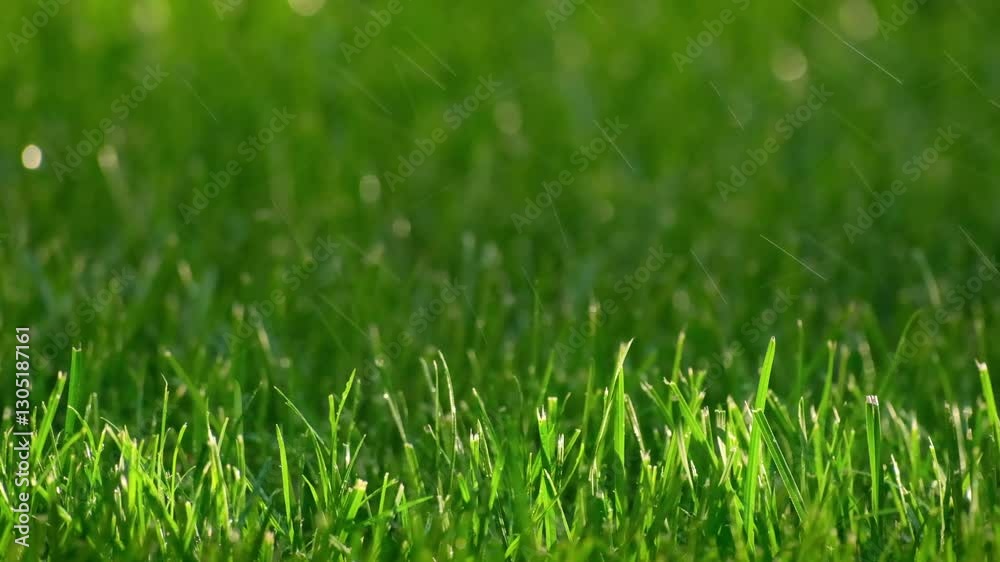 Fresh Green Grass with Raindrops or Sprinkler Watering. Refreshing Rain or Sprinkler Watering on a Green Lawn in Soft Focus, slow motion, vertical video, closeup Fresh Green Grass with Raindrops or Sprinkler Watering. Refreshing Rain or Sprinkler Watering on a Green Lawn in Soft Focus, slow motion, vertical video, closeup