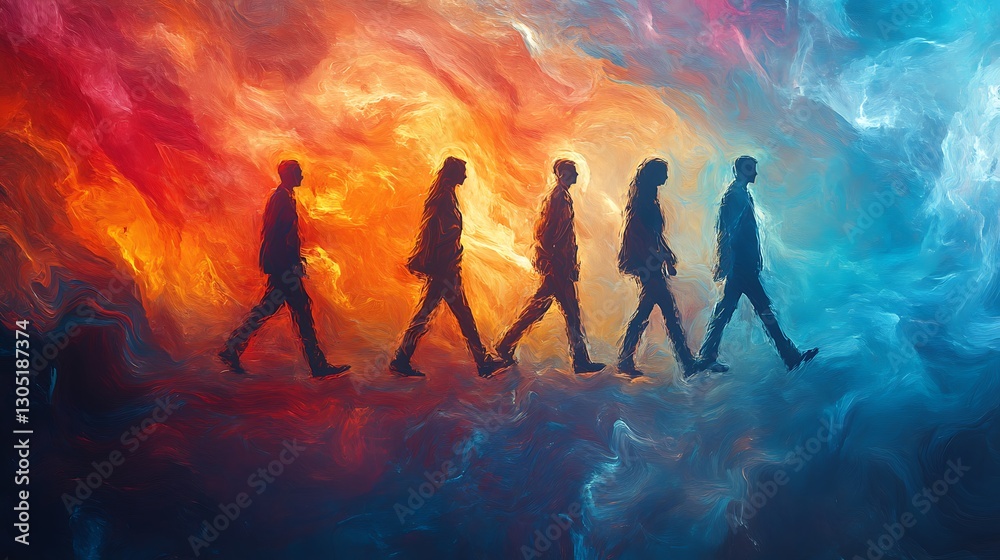 Obraz premium A dreamlike abstract digital painting of four people walking, their forms melting into soft, flowing brushstrokes, painted in an ethereal mix of vibrant colors, soft yet energetic,