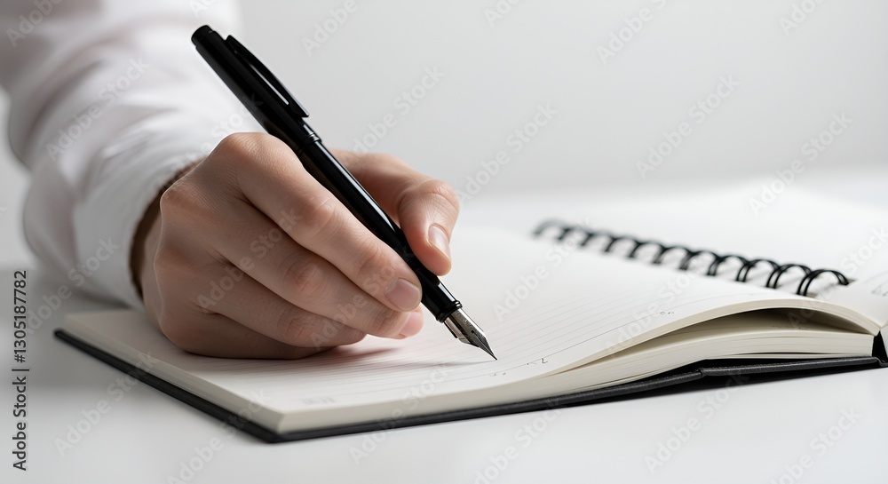 A close-up of a person's hand holding a black fountain pen, writing in a sleek, modern notebook on a clean white desk A close-up of a person's hand holding a black fountain pen, writing in a sleek, modern notebook on a clean white desk
