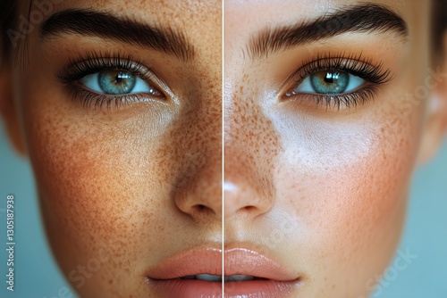 Beautiful Close-Up of a Young Womans Freckled Face Showcasing Skin Texture an...