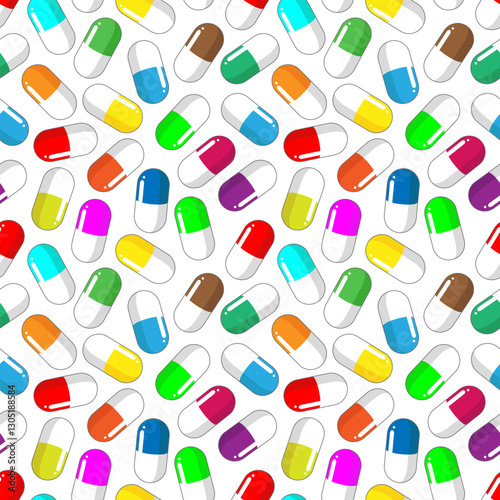 Multi-colored pills on a white background. Seamless pattern, print, vector illustration