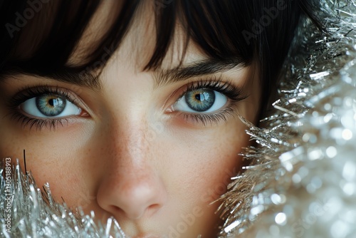 Close-up of a Young Womans Face Framed by Festive Decorations in Soft Winter ...