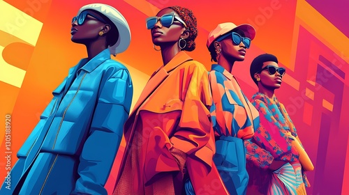 A high-end fashion editorial illustration of four multicultural individuals walking confidently through a contemporary city,