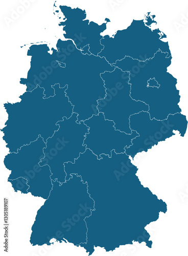 blue map of germany with 16 separated federal states, vector illustration