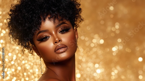 A stunning beauty portrait featuring a woman with lush curls and radiant skin, set against a shimmering golden backdrop, Ideal for beauty, fashion, and cosmetics marketing materials,