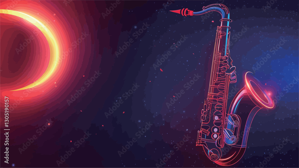 The image shows a digitally rendered alto saxophone positioned against a dark blue background.  The saxophone is depicted with a vibrant, glowing red and blue hue, appearing almost neon.  A large,