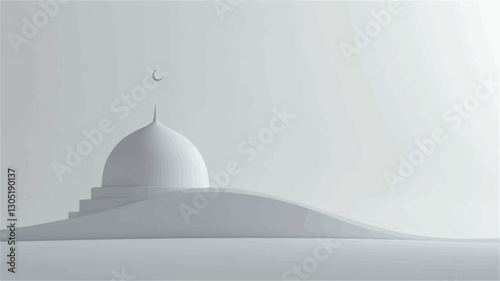 The image is a 3D rendering depicting a minimalist white dome-shaped structure on a gently sloping hill against a plain white background. The structure is simple in form, with a small,