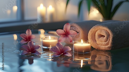 a set of candles on a table with towels and flowers, water themed, like in a spa area, ultra-detailed, 8K, highly realistic, fotorealistic