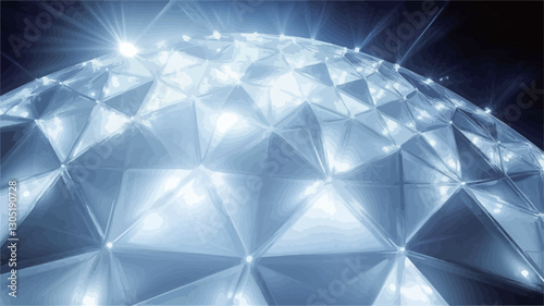 Close-up view of a three-dimensional abstract representation of a geodesic sphere.  The sphere is composed of numerous interconnected triangular facets, creating a complex geometric pattern.  The