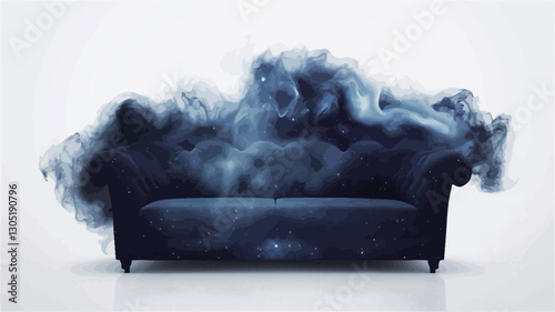 The image presents a dark-colored couch, seemingly enveloped by a swirling mass of dark blue and gray smoke or cloud-like formations.  The background is a bright, almost pure white, creating a