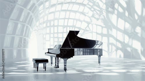 The image showcases a black grand piano positioned centrally within a large, bright, modern architectural space. The architecture is characterized by white, curved lines and structures, creating a