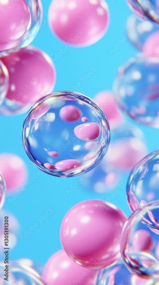 Abstract image of floating translucent and opaque spheres in pink and light blue. The spheres vary in size and create a dreamy, ethereal atmosphere. Abstract image of floating translucent and opaque spheres in pink and light blue. The spheres vary in size and create a dreamy, ethereal atmosphere.