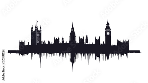 A stylized black and white illustration depicting the London skyline as a silhouette.  The buildings are simplified, creating a graphic representation. The base of the image features a stylized