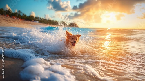 A dog splashing in the ocean waves