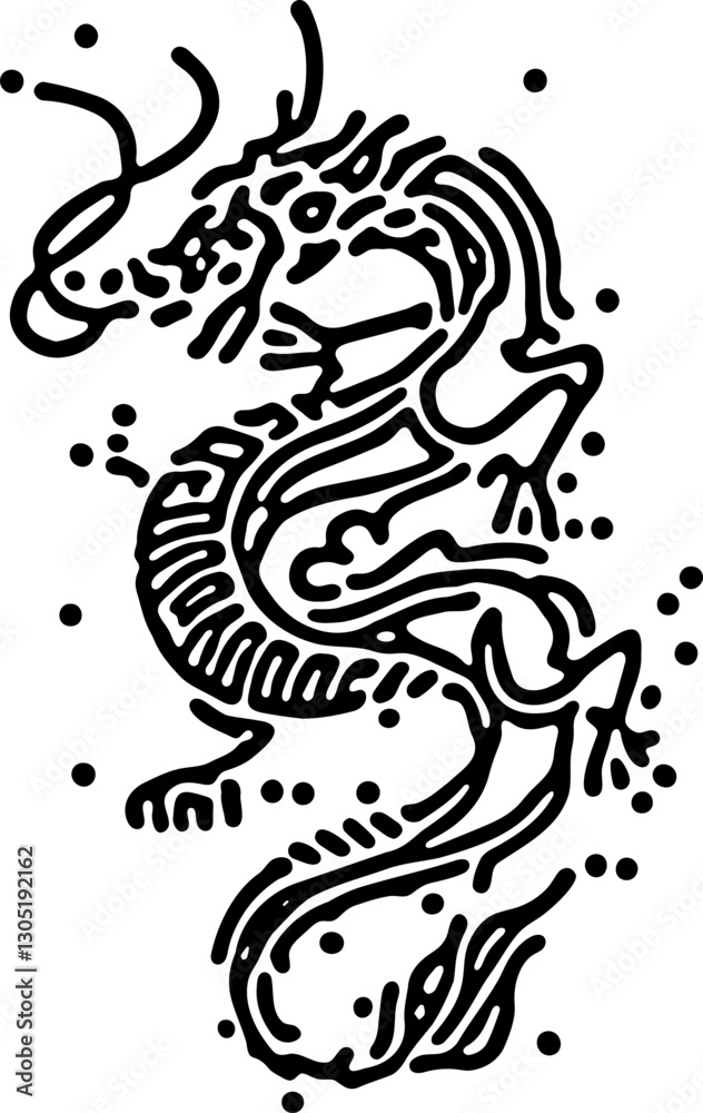 black-and-white stylized dragon illustration with intricate line work. The design blends tribal and Asian influences making it perfect for tattoos graphics or mystical aesthetics black-and-white stylized dragon illustration with intricate line work. The design blends tribal and Asian influences making it perfect for tattoos graphics or mystical aesthetics