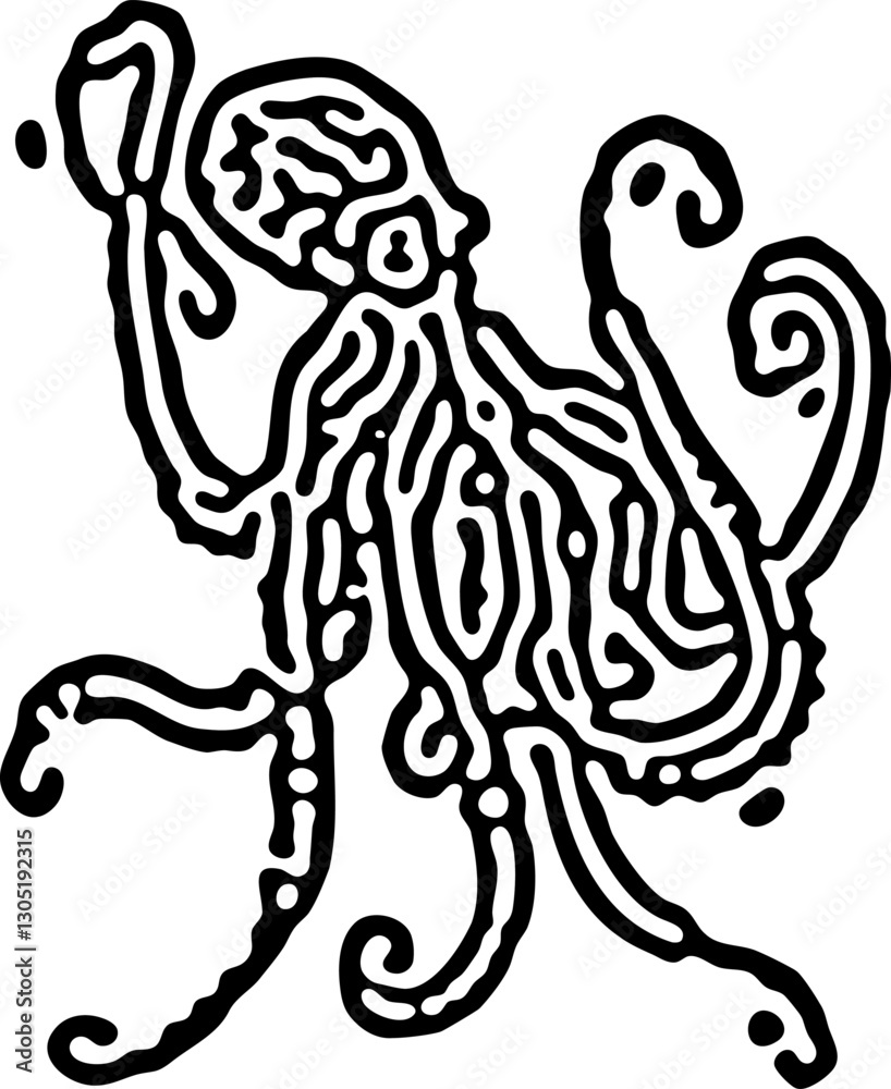 Obraz premium Highly detailed black and white stylized octopus illustration composed of organic maze-like lines. Artistic marine-themed graphic evoking mystery, complexity, and movement