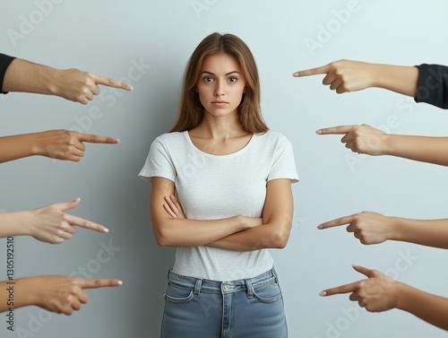 Woman surrounded by pointing hands in a room, conveying judgment and scrutiny from others