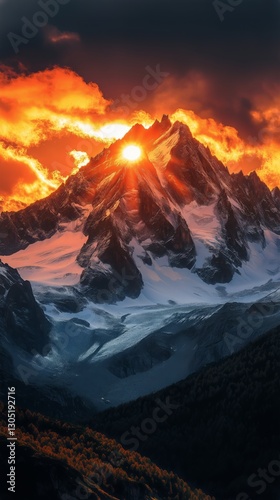 Majestic Mountain Range Illuminated by Golden Sunrise Over Snow-Covered Peaks...