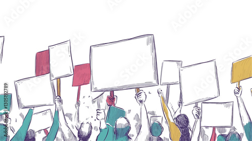 The image is a stylized illustration depicting a large crowd of people holding blank signs aloft. The style is loose and sketchy, with muted pastel colors predominating in teal, purple, pink, and