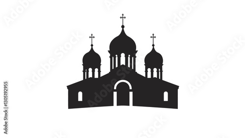 A minimalist vector illustration depicting a silhouette of an Orthodox church with three domes and crosses.  The image is rendered in black against a white background. The style is simple and