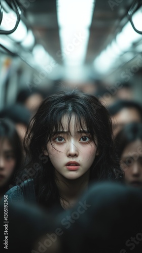 Intense Commute: A young woman stares directly at the viewer, surrounded by a crowd of blurred faces in a cramped train car, conveying a sense of isolation amidst the throng. photo