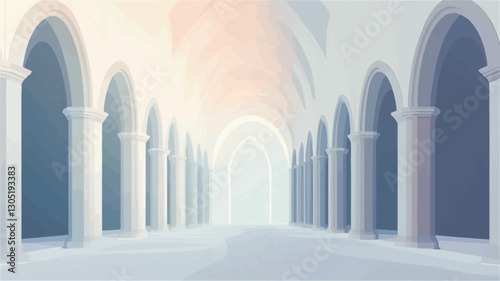 The image depicts a long hallway or corridor characterized by a series of repeating pointed arches supported by slender columns. The walls and floor are uniformly white, creating a sense of depth
