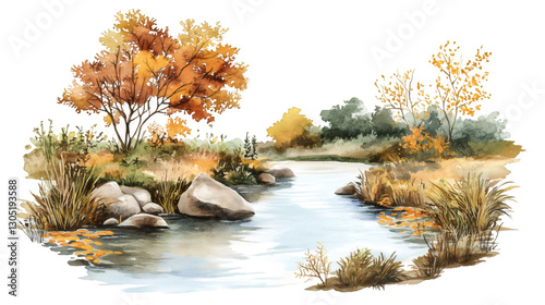 Watercolor painting depicting a tranquil autumn scene with a gently flowing river and vibrant foliage, perfect for nature projects