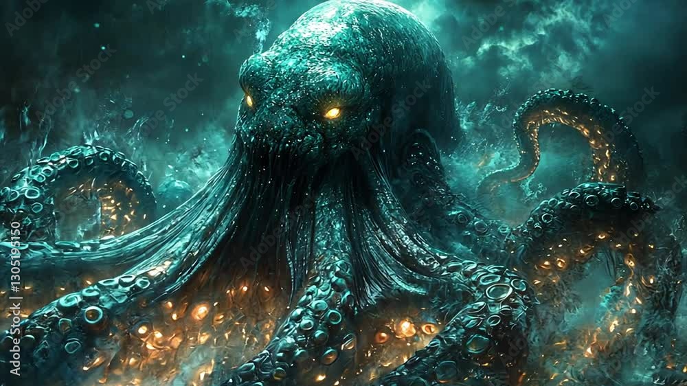 A colossal octopus emerges from turbulent waters, illuminated by eerie glowing lights, creating a mystical atmosphere A colossal octopus emerges from turbulent waters, illuminated by eerie glowing lights, creating a mystical atmosphere