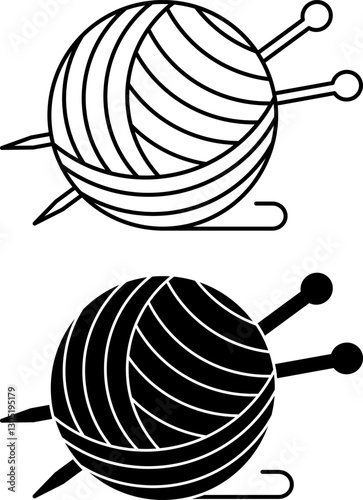 Yarn Icons. Black and White Vector Illustration. Ball of Thread and Knitting Needles. Material Characteristics Concept