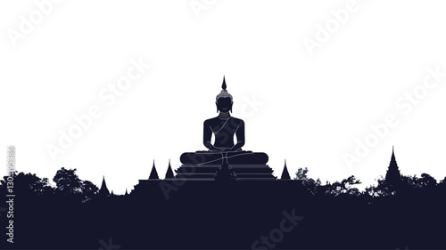 The image is a stylized silhouette of a Buddha statue seated in the lotus position atop a tiered platform.  The statue is rendered in dark blue/gray tones against a white background. A simplified,