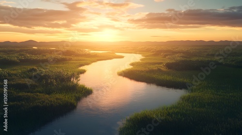 Stunning panoramic view of a breathtaking sunset landscape with a winding river flowing through a lush meadow surrounded by towering mountains that reflect in the serene