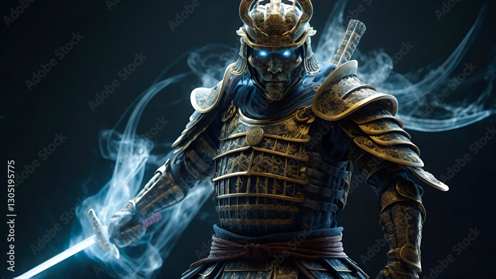 A fierce samurai with partially transparent armor that reveals streams of energy channels, and an ancient spirit coiled within his sword, radiating ethereal light A fierce samurai with partially transparent armor that reveals streams of energy channels, and an ancient spirit coiled within his sword, radiating ethereal light