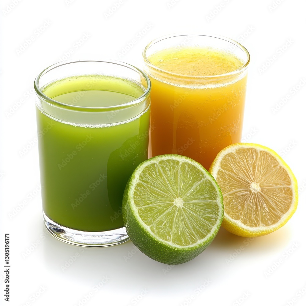 Fresh Green Juice and Bright Orange Drink with Citrus Slices Fresh Green Juice and Bright Orange Drink with Citrus Slices