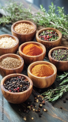 Variety of Colorful Spices and Herbs in Wooden Bowls on a Marble Surface Duri...
