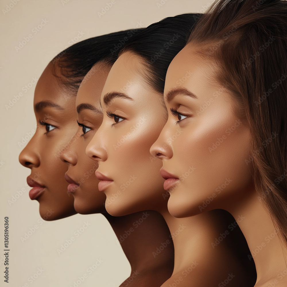 Diverse women's radiant skin, side profile. Diverse women's radiant skin, side profile.
