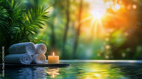 Calm and Relaxing Spa Atmosphere With Towels and Candle Near Water at Sunset