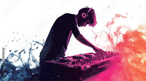 The image is a stylized depiction of a DJ at work.  The DJ is rendered as a dark silhouette, leaning over a mixing console. The console is depicted with a gradient of warm and cool colors,