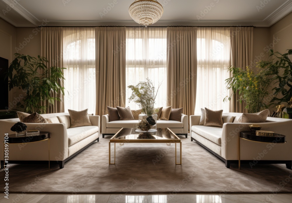 Fototapeta premium Elegant Living Room With Light Cream Sofas And Lush Green Plants Under Soft Natural Light And