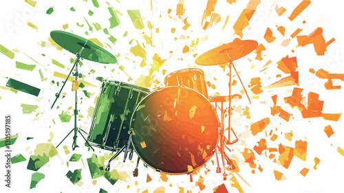 A stylized illustration of a drum set. The image is predominantly white with an explosion of green, orange, and yellow color splatter emanating from the center, which features a drum kit. The drums