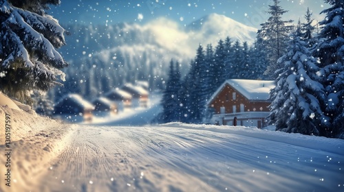 Snow-covered Path Leads Towards Cozy Cabins in a Serene Winter Landscape Surr...