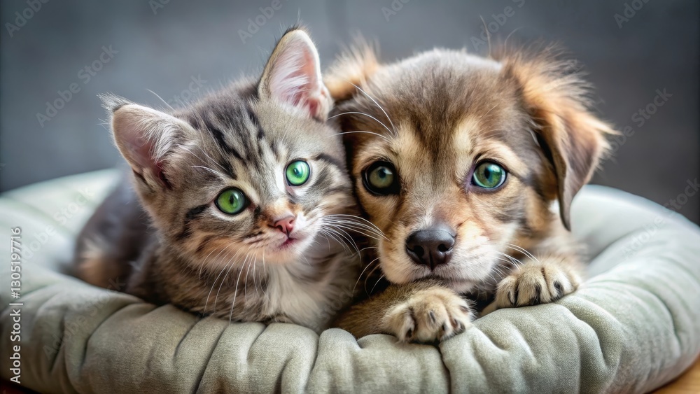Adorable Kitten and Puppy Cuddling Together on Soft Cushion, Displaying Unconditional Love and Companionship Adorable Kitten and Puppy Cuddling Together on Soft Cushion, Displaying Unconditional Love and Companionship