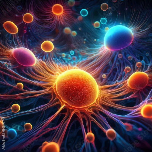 an intimate view of dynamic microscopic cells featuring radiant nuclei within a colorful cellular matrix