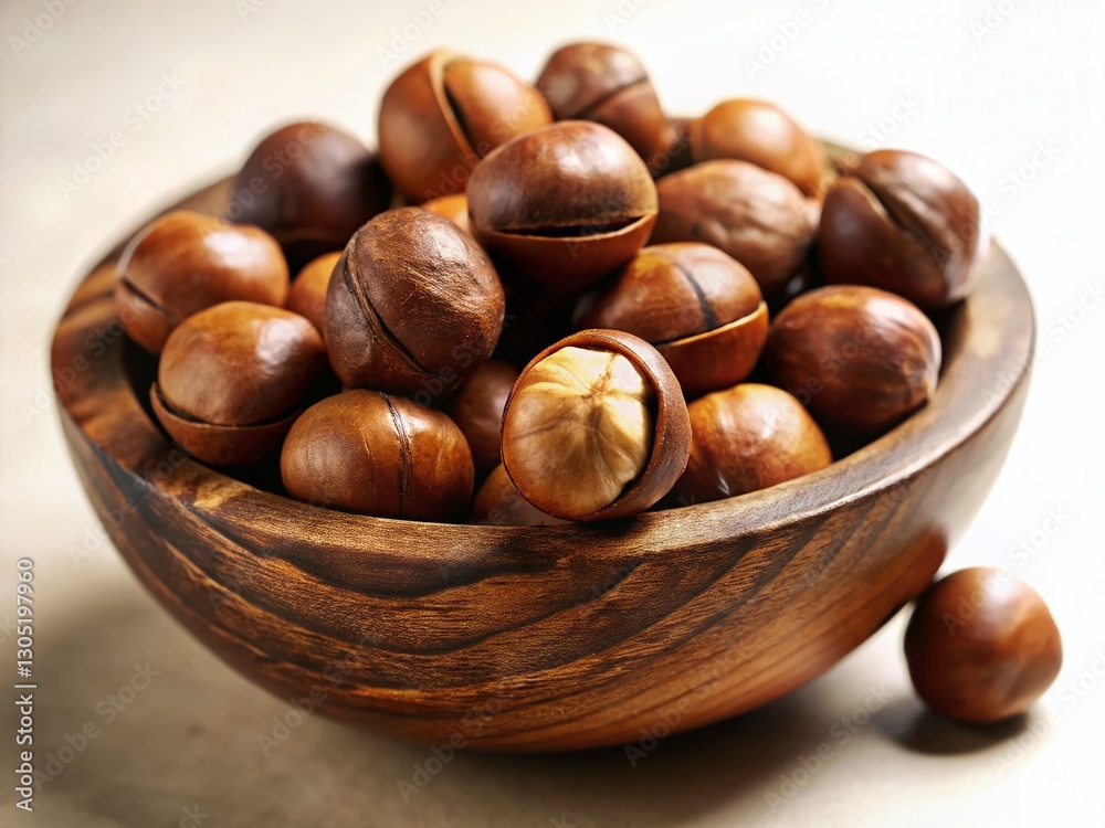Delicious Roasted Macadamia Nuts in Shell & Bowl, Close Up Delicious Roasted Macadamia Nuts in Shell & Bowl, Close Up