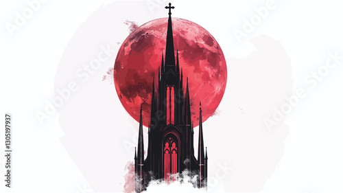 A digital illustration featuring a stylized silhouette of a gothic church, rendered in black against a large, blood-red moon. The moon has a textured, watercolor-like appearance.  The church is