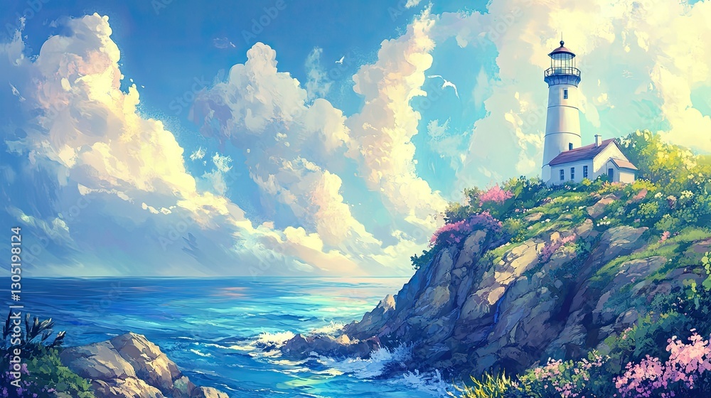 A lighthouse at the edge of a rocky coastline A lighthouse at the edge of a rocky coastline