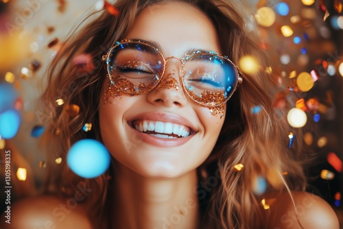 Smiling Woman in Cozy Sweater With Festive Background During Holiday Season